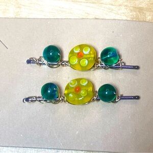 Yellow Glass Flower & Green Beads Beaded Bobby Pins